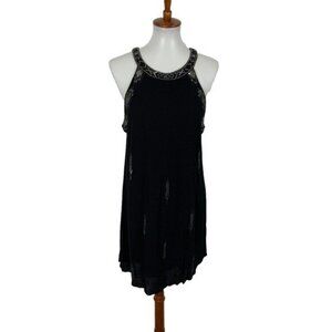 Pixley Black Beaded Sleeveless Shift Dress‎ Medium Boho Party Cocktail Chic